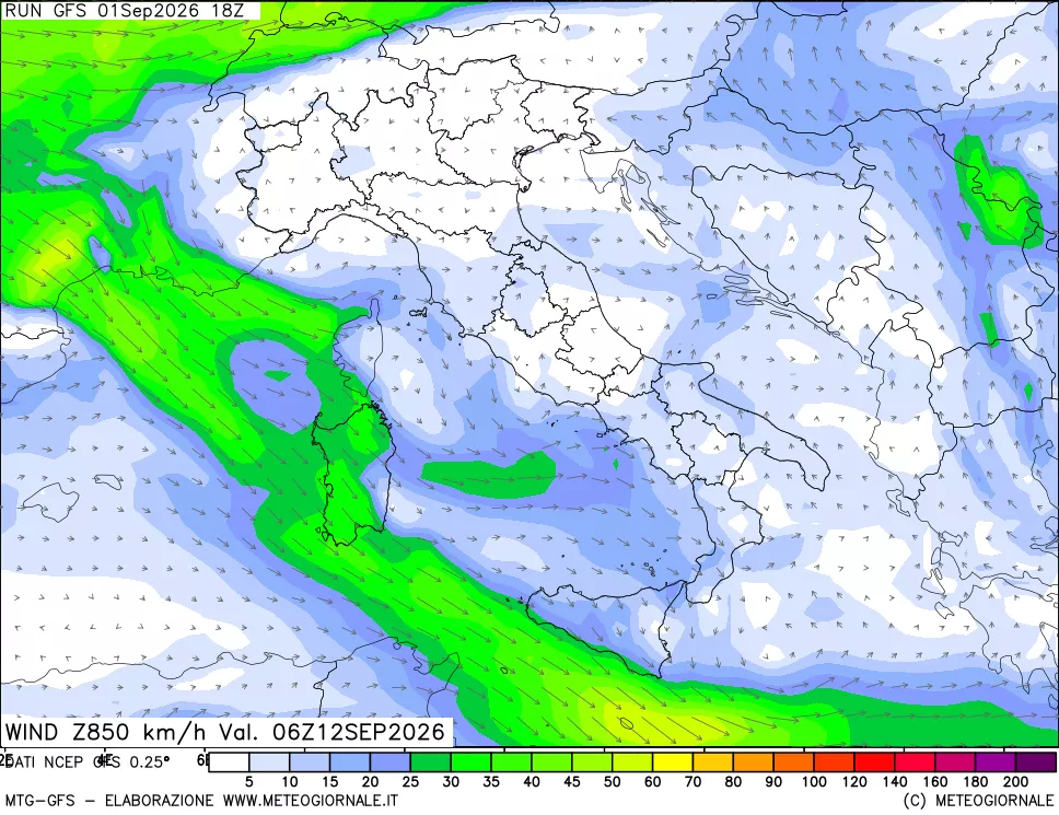 mappa 850 hPa Vento forza e direzione