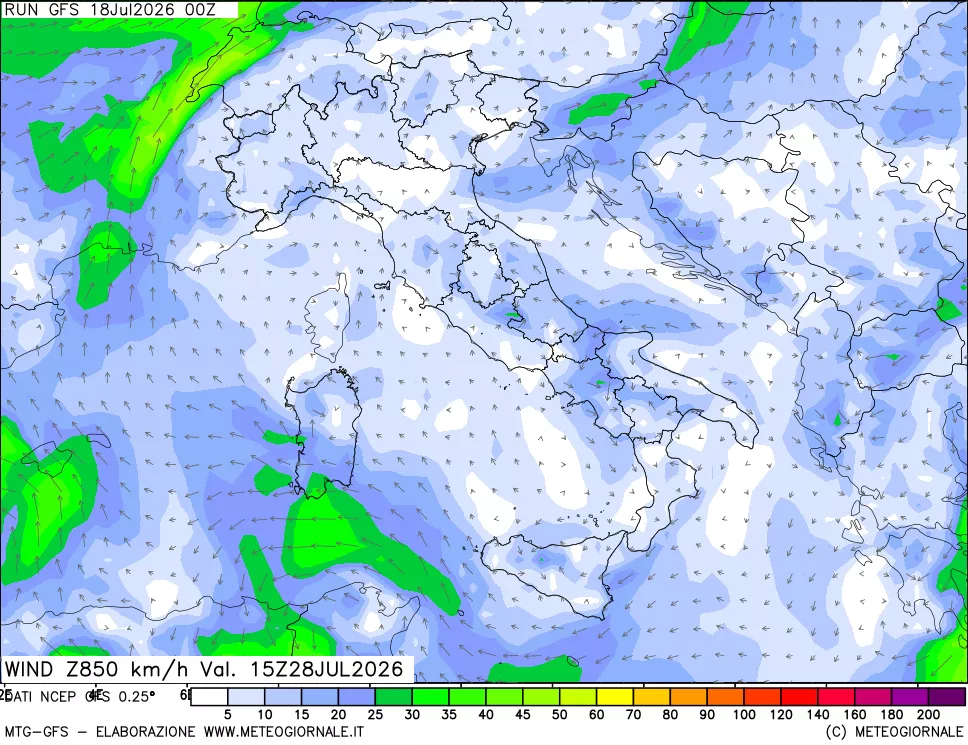 mappa 850 hPa Vento forza e direzione