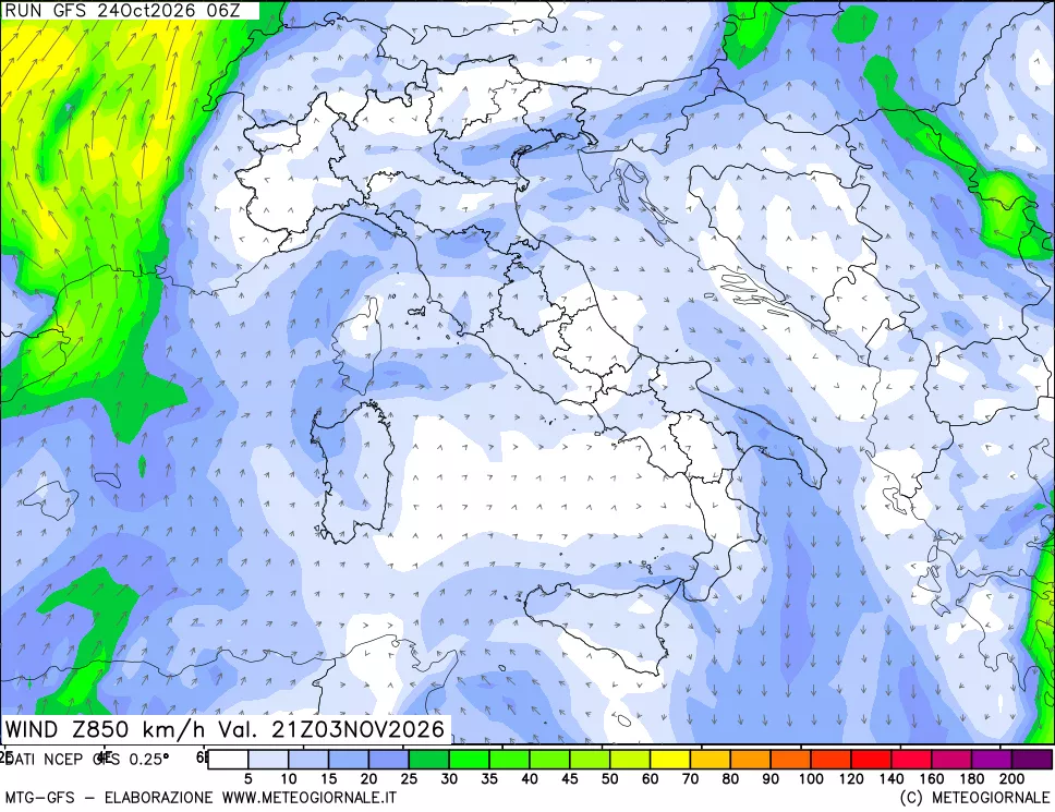 mappa 850 hPa Vento forza e direzione