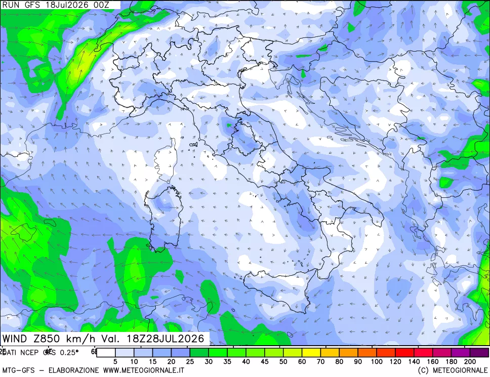mappa 850 hPa Vento forza e direzione
