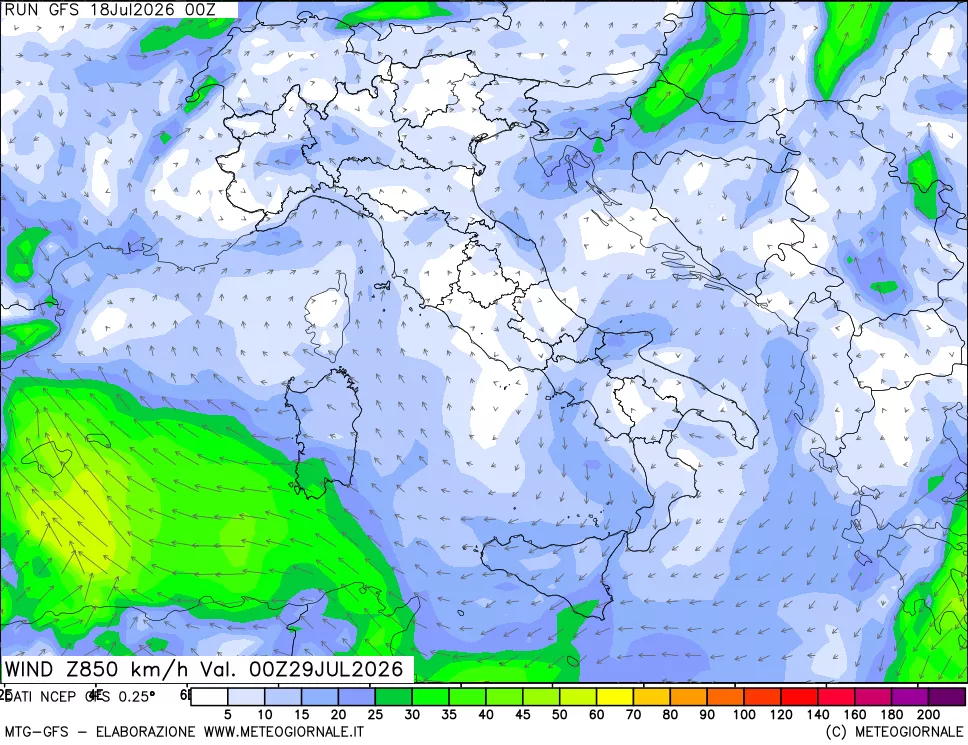 mappa 850 hPa Vento forza e direzione