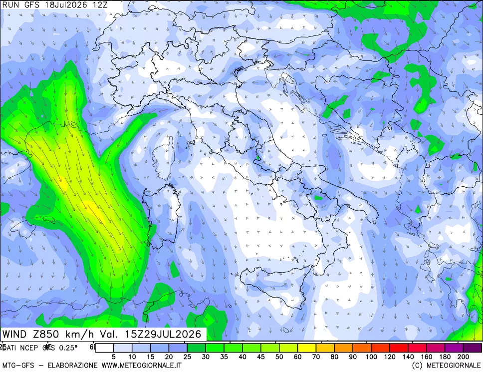 mappa 850 hPa Vento forza e direzione