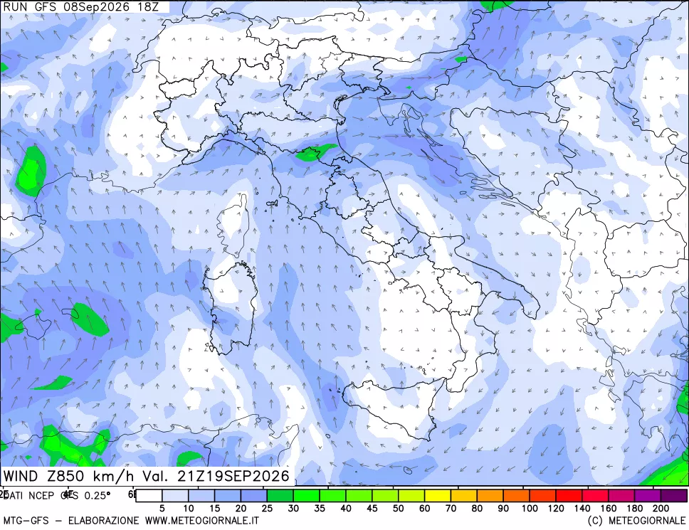 mappa 850 hPa Vento forza e direzione