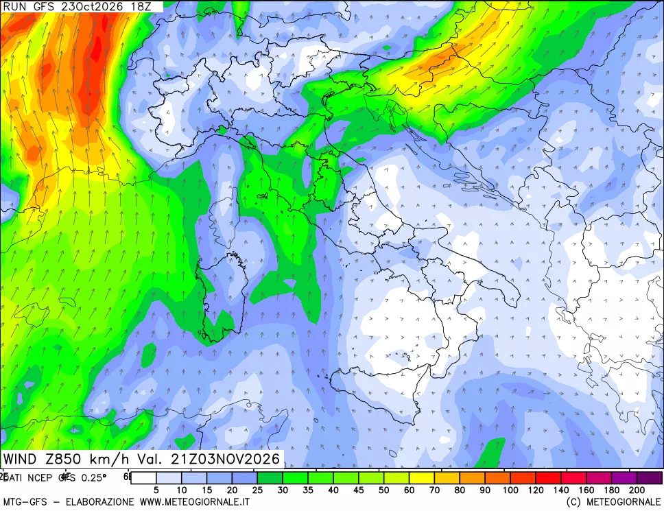 mappa 850 hPa Vento forza e direzione