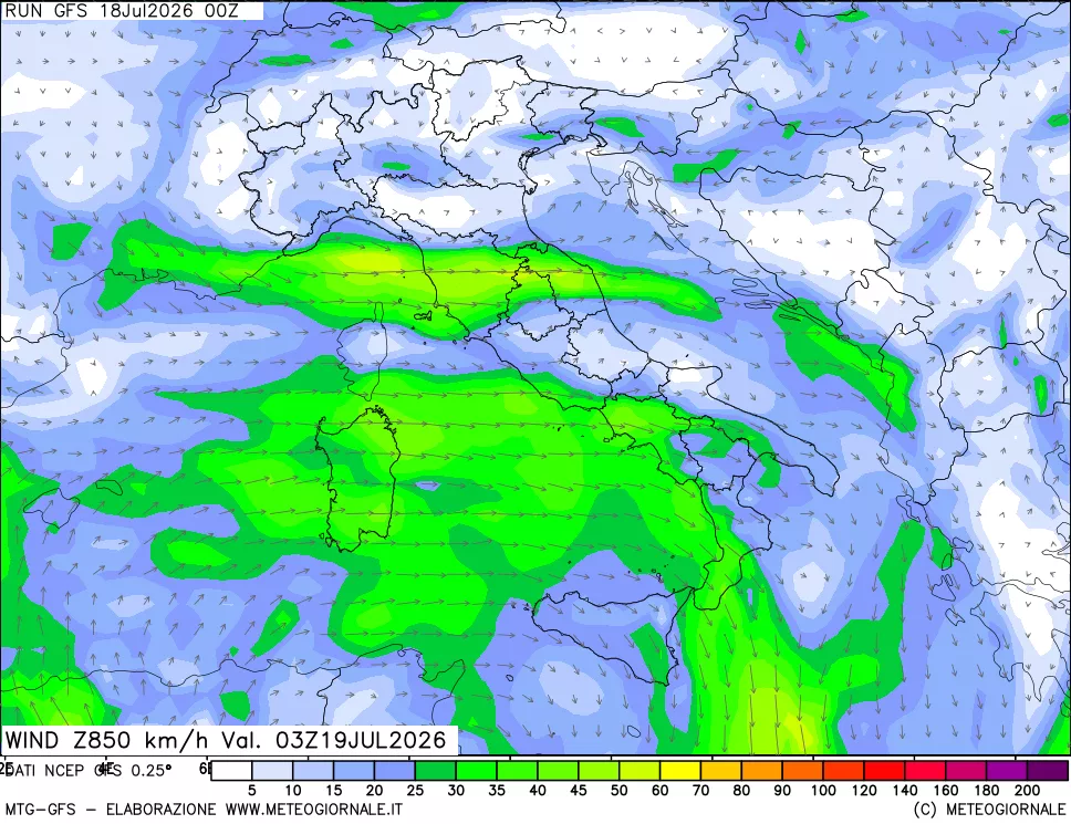 mappa 850 hPa Vento forza e direzione