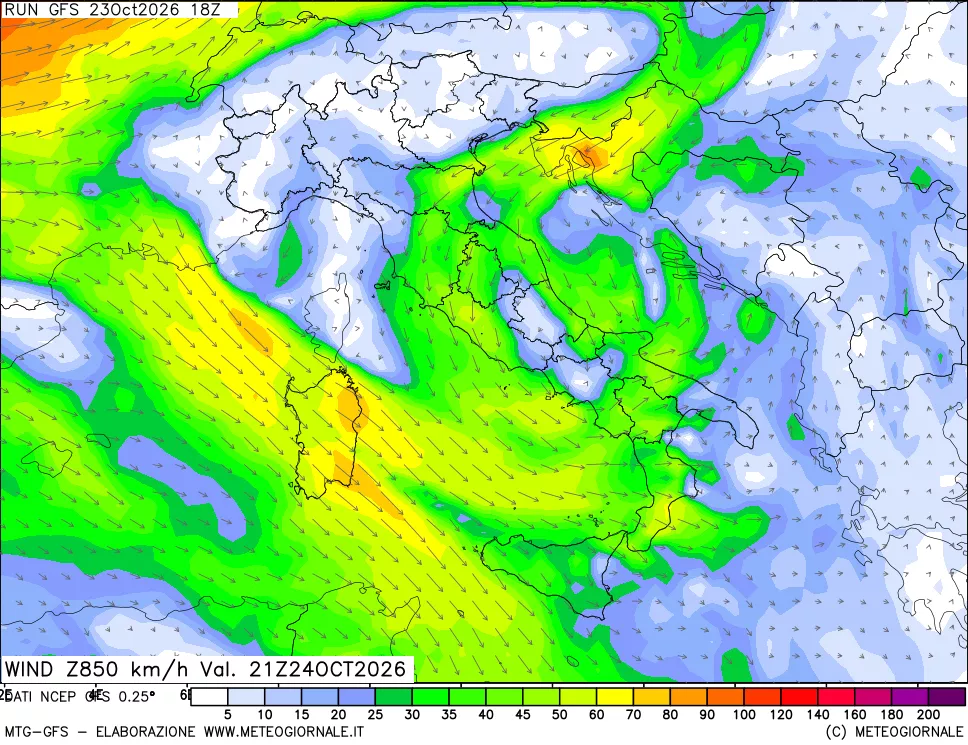 mappa 850 hPa Vento forza e direzione