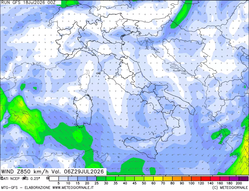 mappa 850 hPa Vento forza e direzione