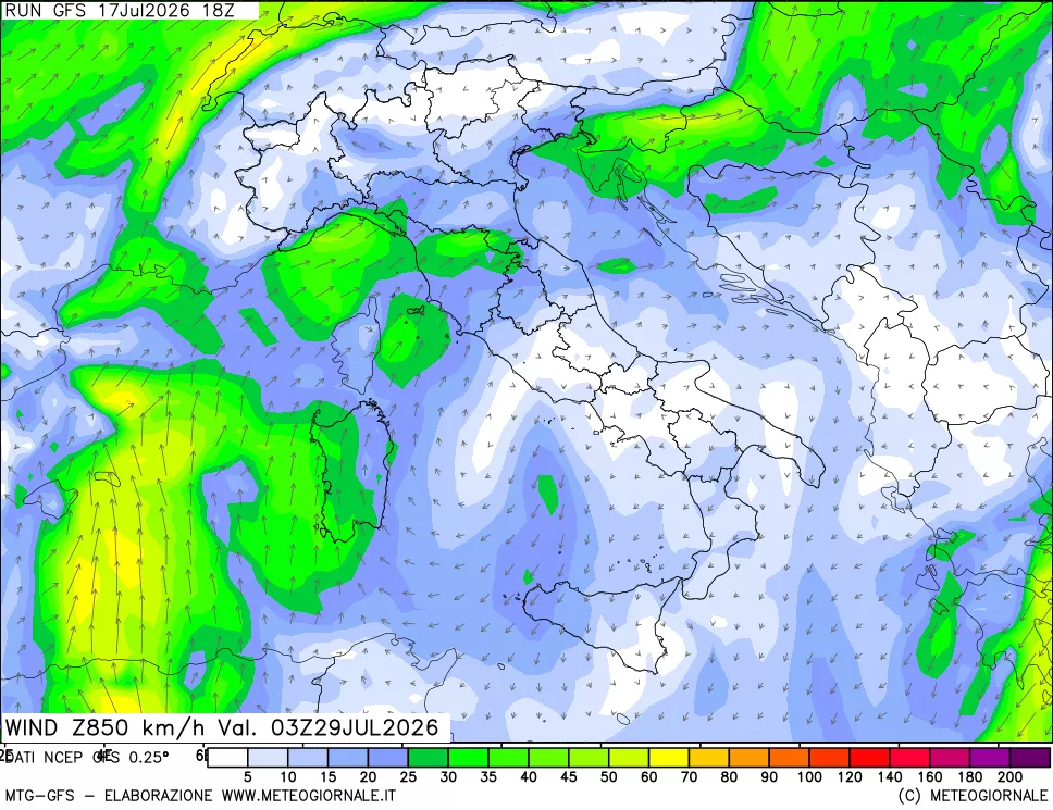 mappa 850 hPa Vento forza e direzione