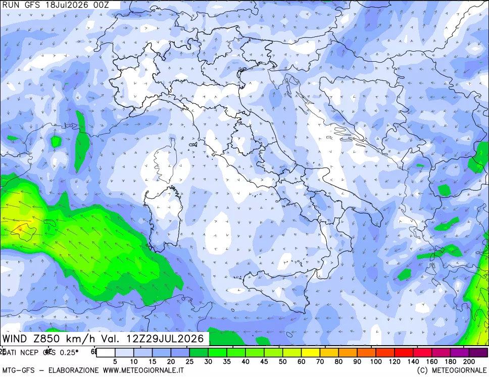 mappa 850 hPa Vento forza e direzione
