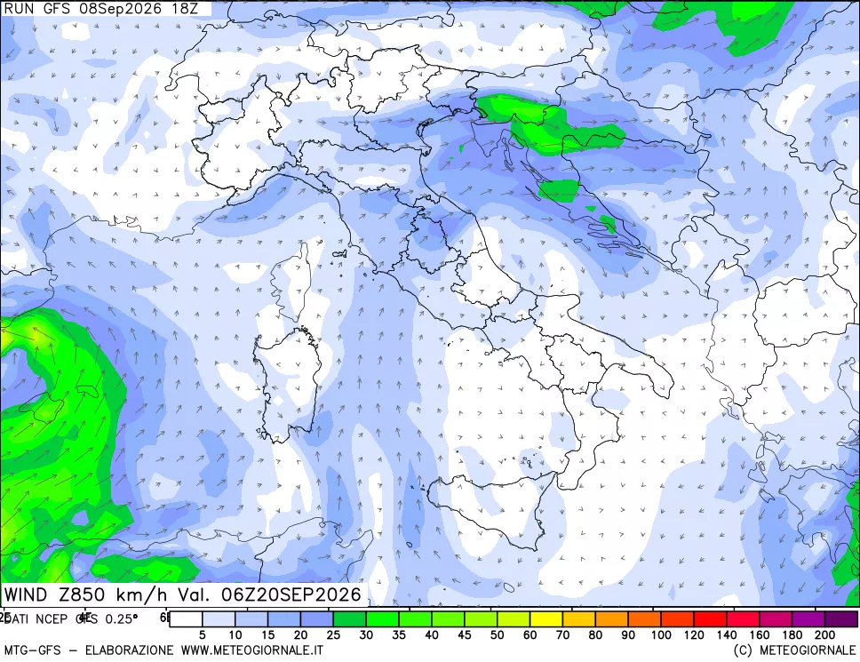 mappa 850 hPa Vento forza e direzione