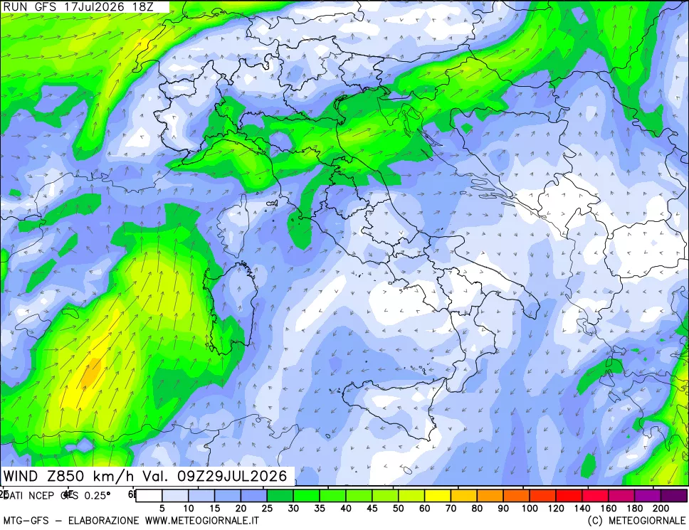 mappa 850 hPa Vento forza e direzione
