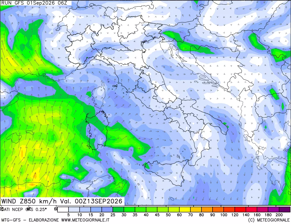 mappa 850 hPa Vento forza e direzione