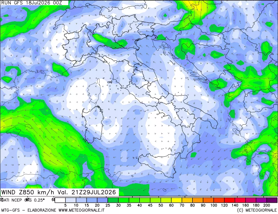mappa 850 hPa Vento forza e direzione