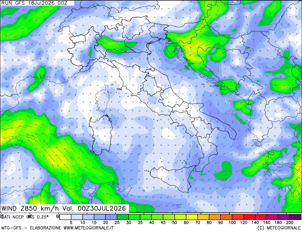 mappa 850 hPa Vento forza e direzione