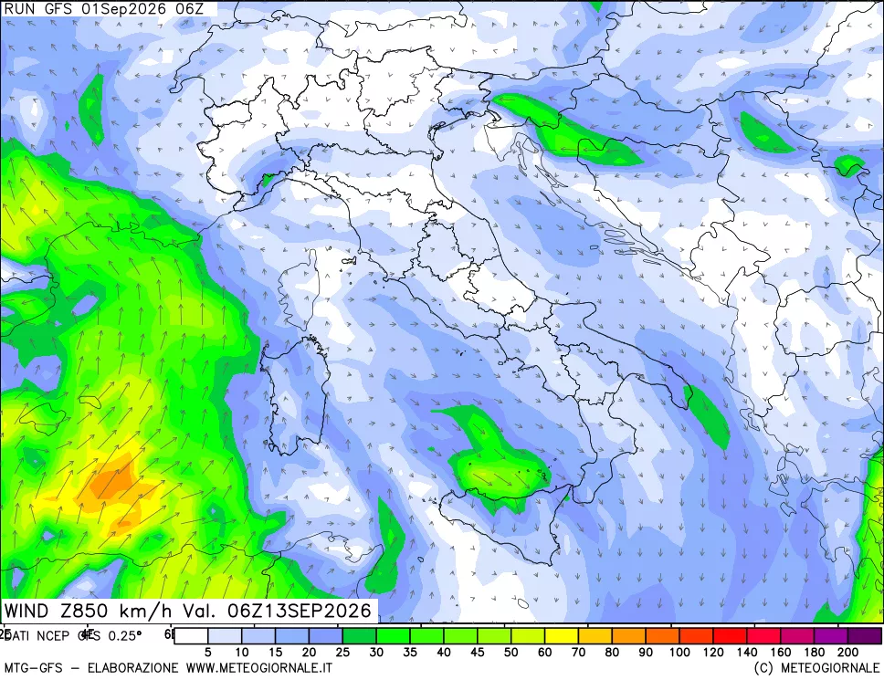 mappa 850 hPa Vento forza e direzione