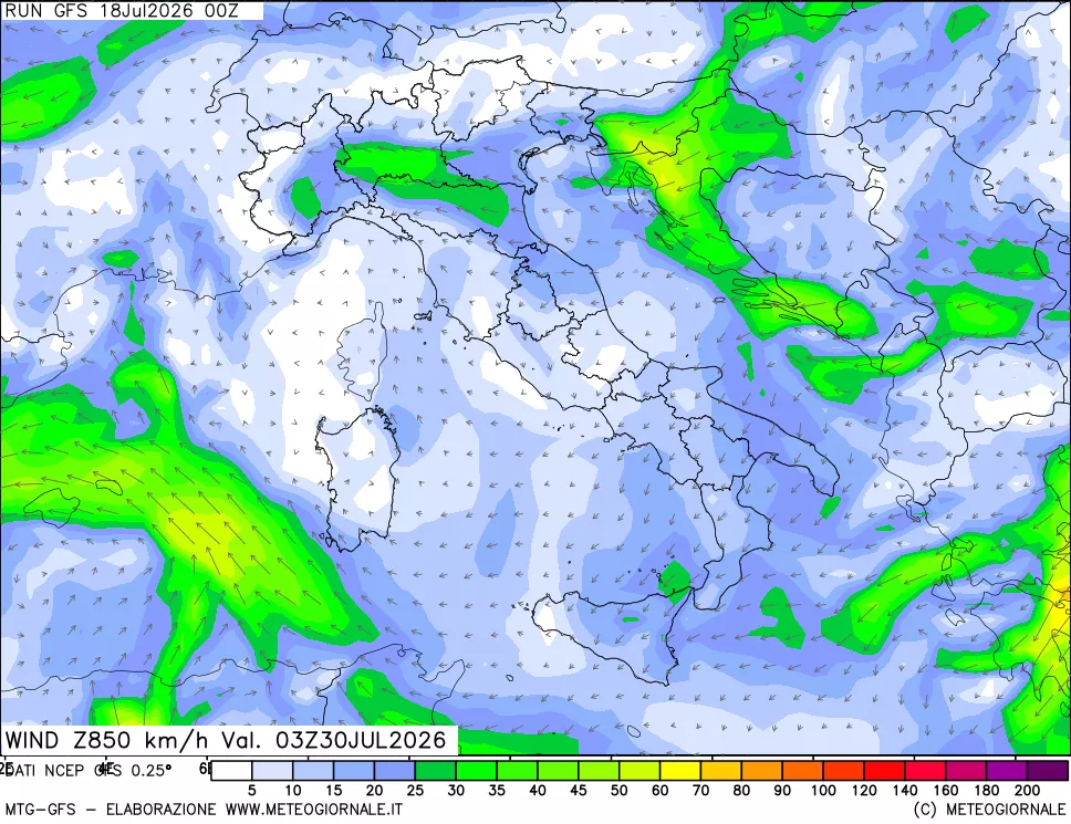 mappa 850 hPa Vento forza e direzione