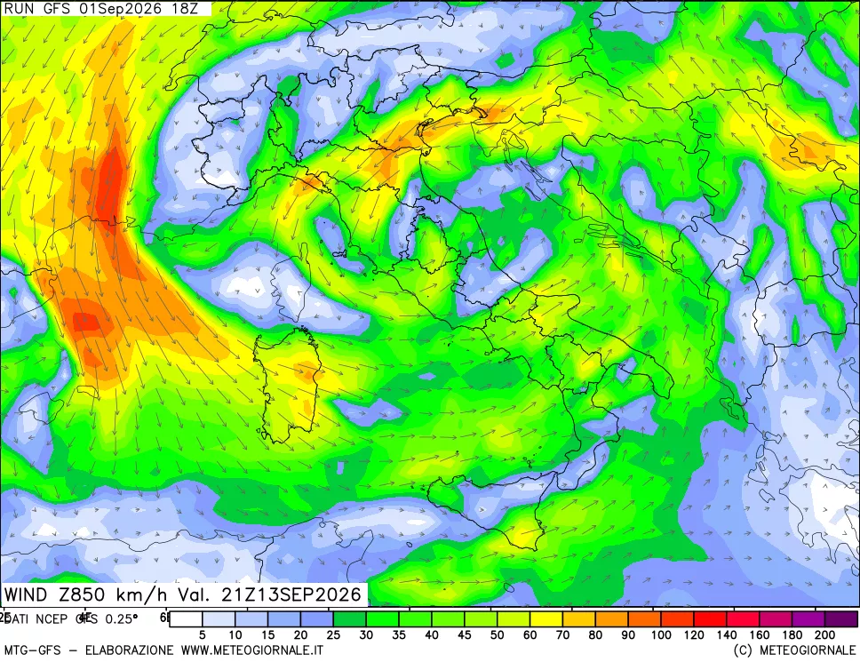 mappa 850 hPa Vento forza e direzione
