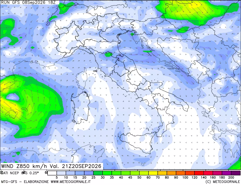mappa 850 hPa Vento forza e direzione
