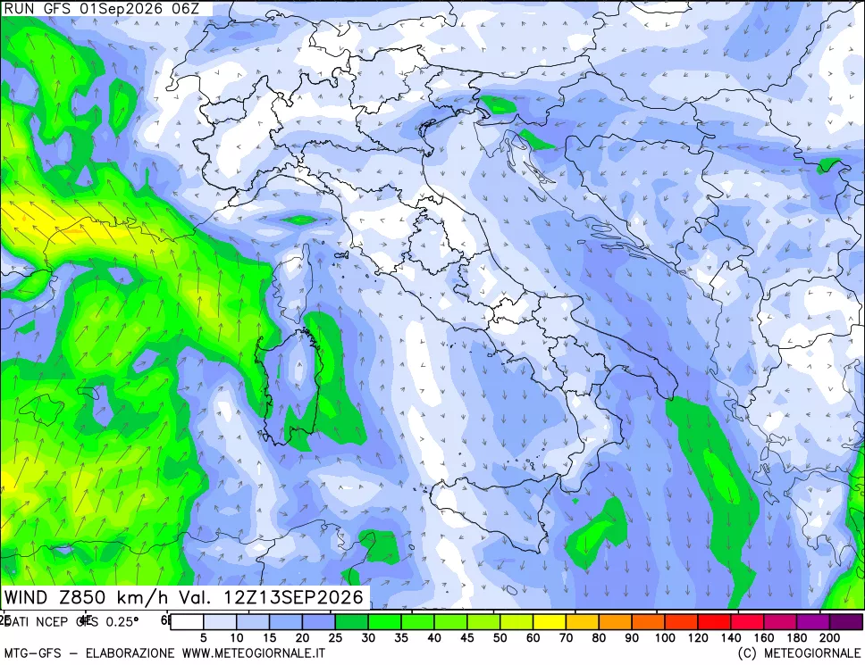 mappa 850 hPa Vento forza e direzione