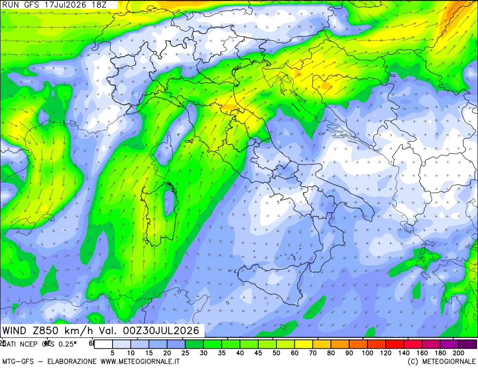 mappa 850 hPa Vento forza e direzione