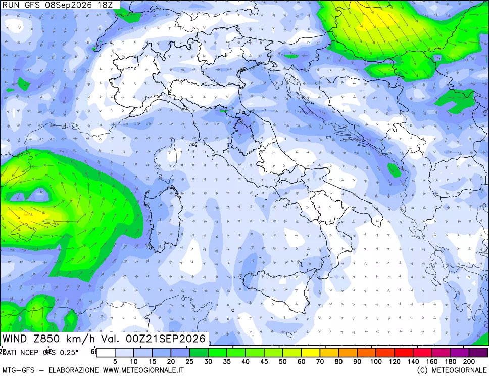 mappa 850 hPa Vento forza e direzione