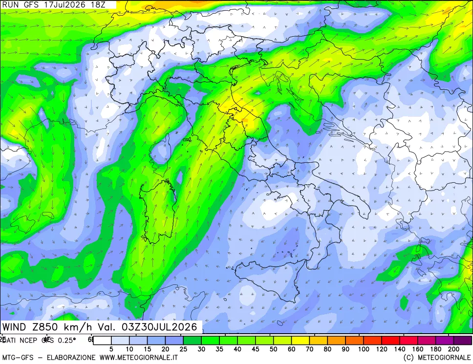 mappa 850 hPa Vento forza e direzione