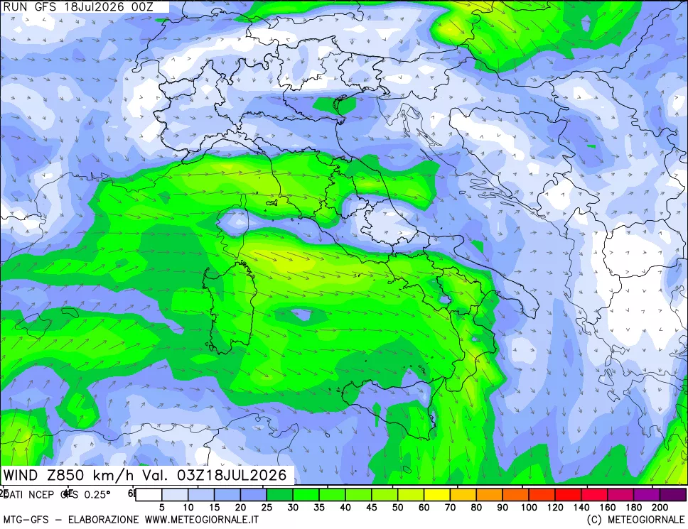 mappa 850 hPa Vento forza e direzione