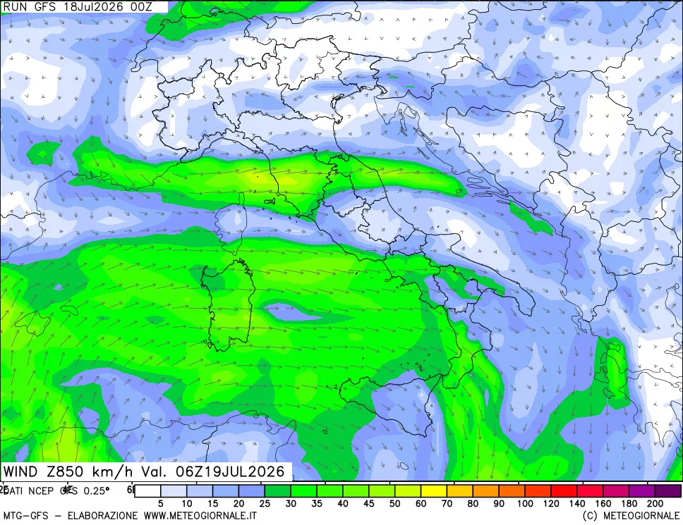 mappa 850 hPa Vento forza e direzione