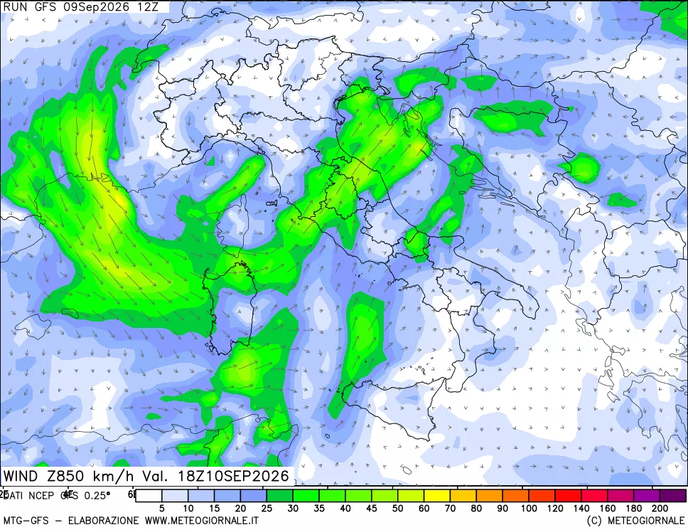 mappa 850 hPa Vento forza e direzione