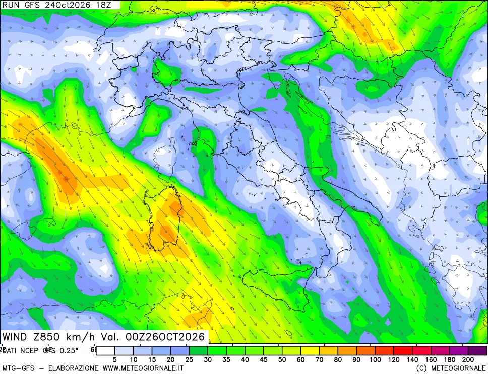 mappa 850 hPa Vento forza e direzione
