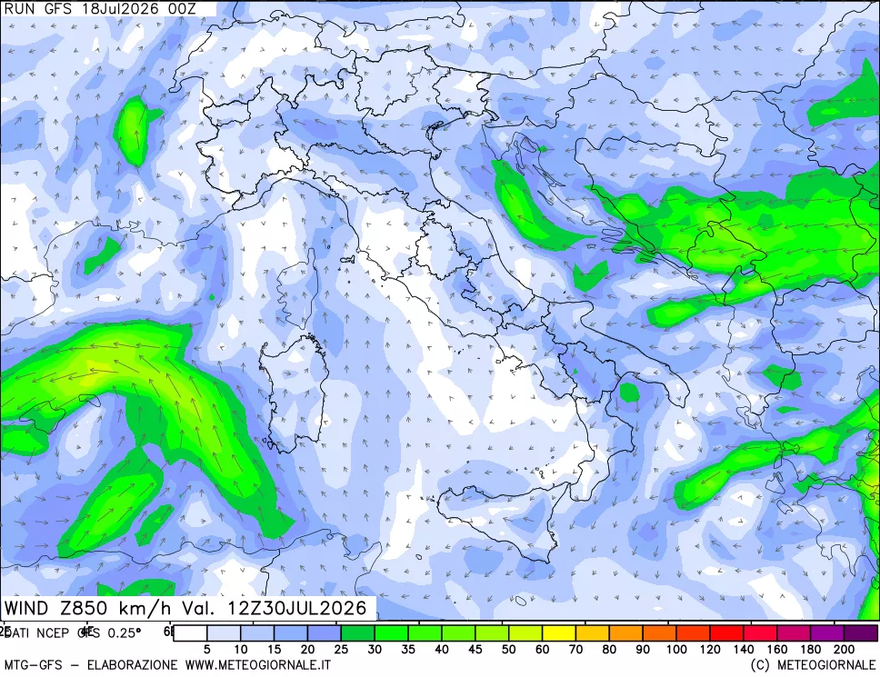 mappa 850 hPa Vento forza e direzione
