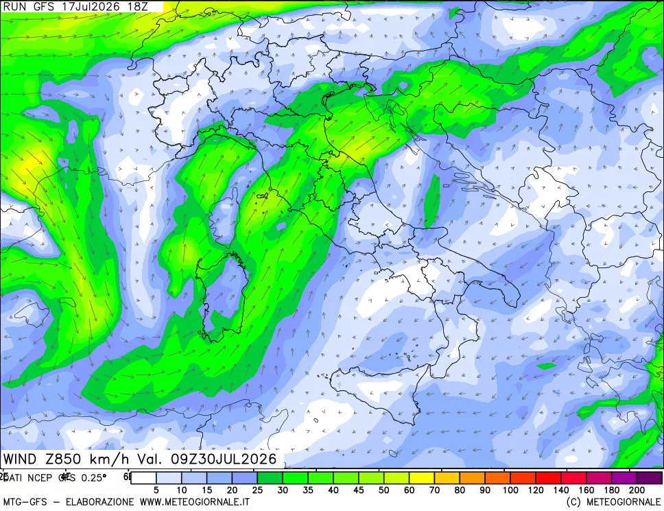 mappa 850 hPa Vento forza e direzione