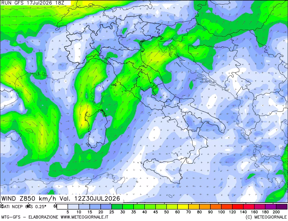 mappa 850 hPa Vento forza e direzione