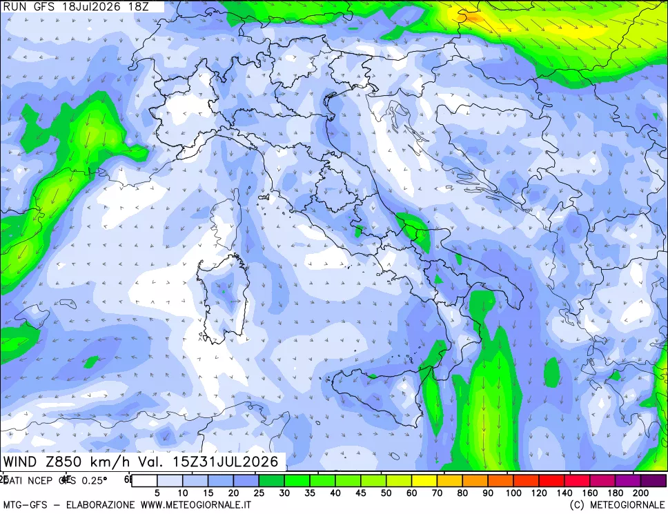 mappa 850 hPa Vento forza e direzione