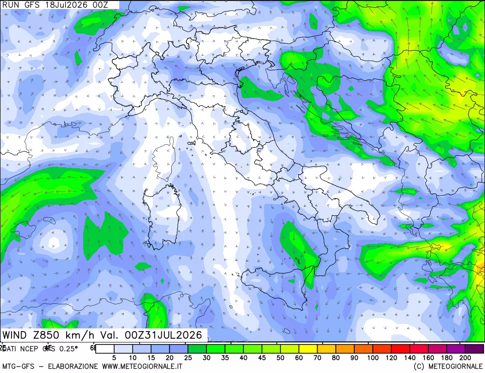 mappa 850 hPa Vento forza e direzione