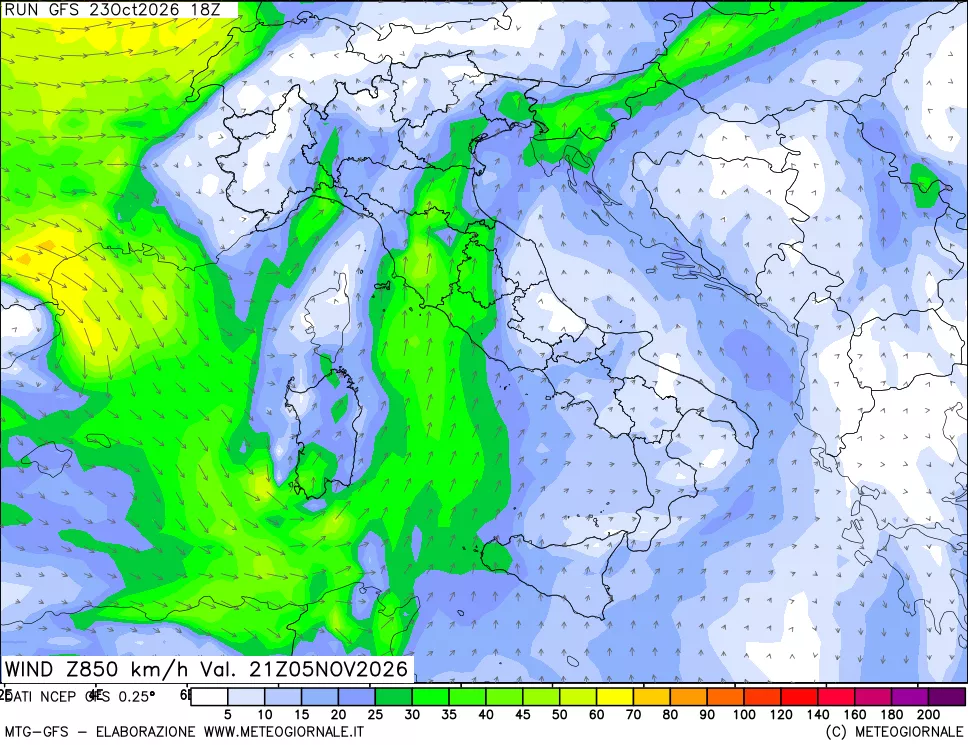 mappa 850 hPa Vento forza e direzione