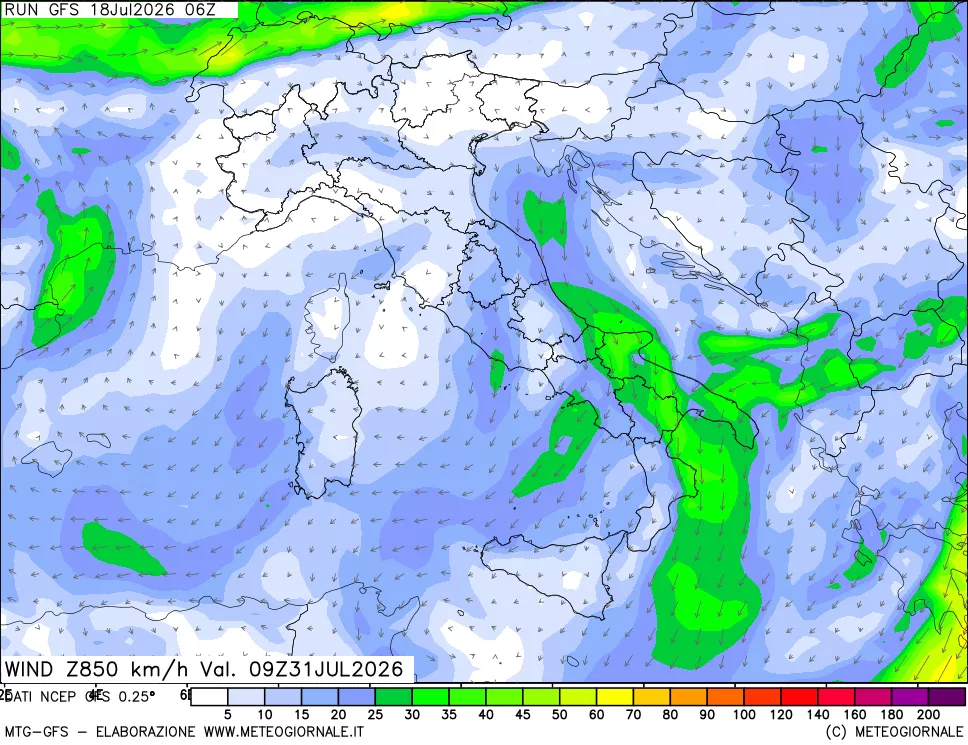 mappa 850 hPa Vento forza e direzione