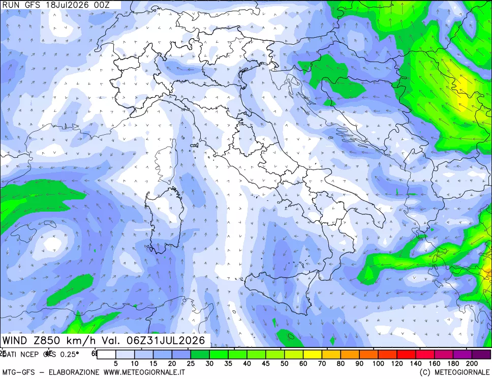 mappa 850 hPa Vento forza e direzione