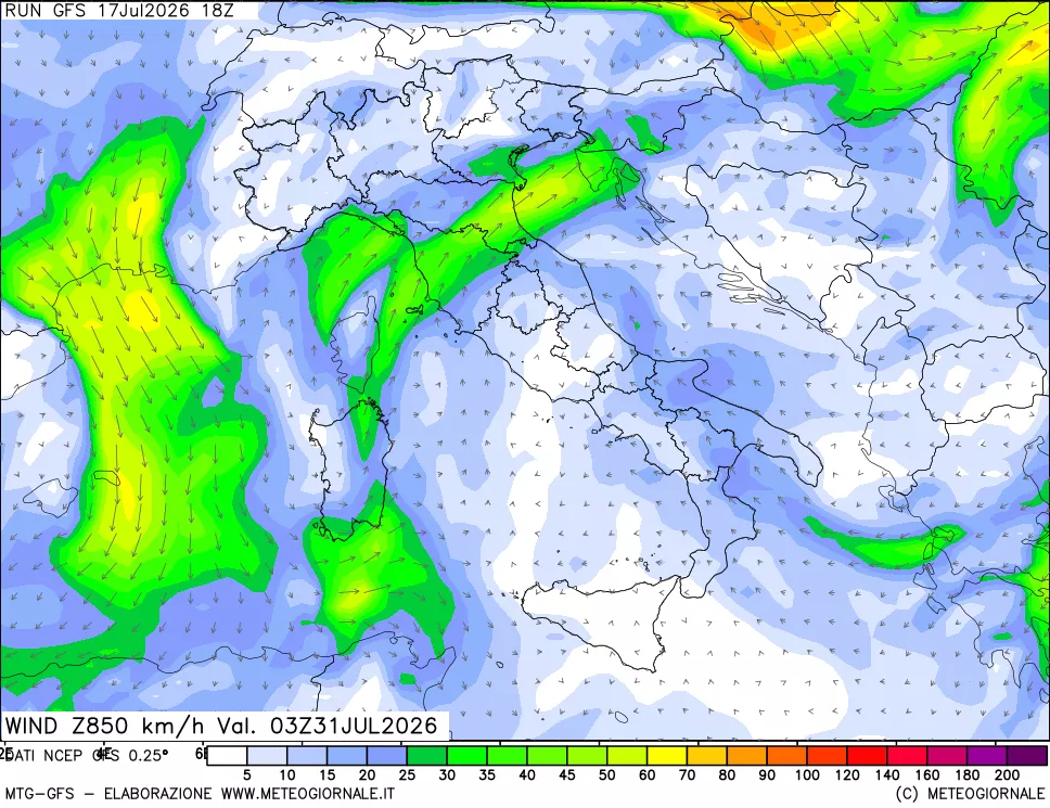 mappa 850 hPa Vento forza e direzione
