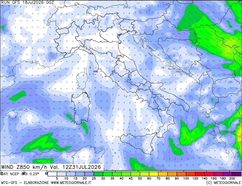 mappa 850 hPa Vento forza e direzione