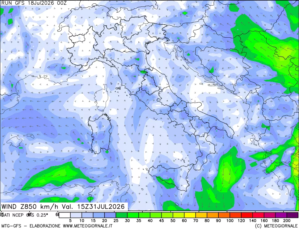 mappa 850 hPa Vento forza e direzione