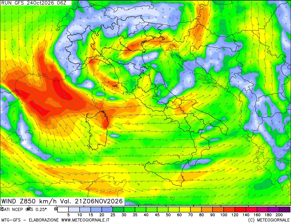mappa 850 hPa Vento forza e direzione