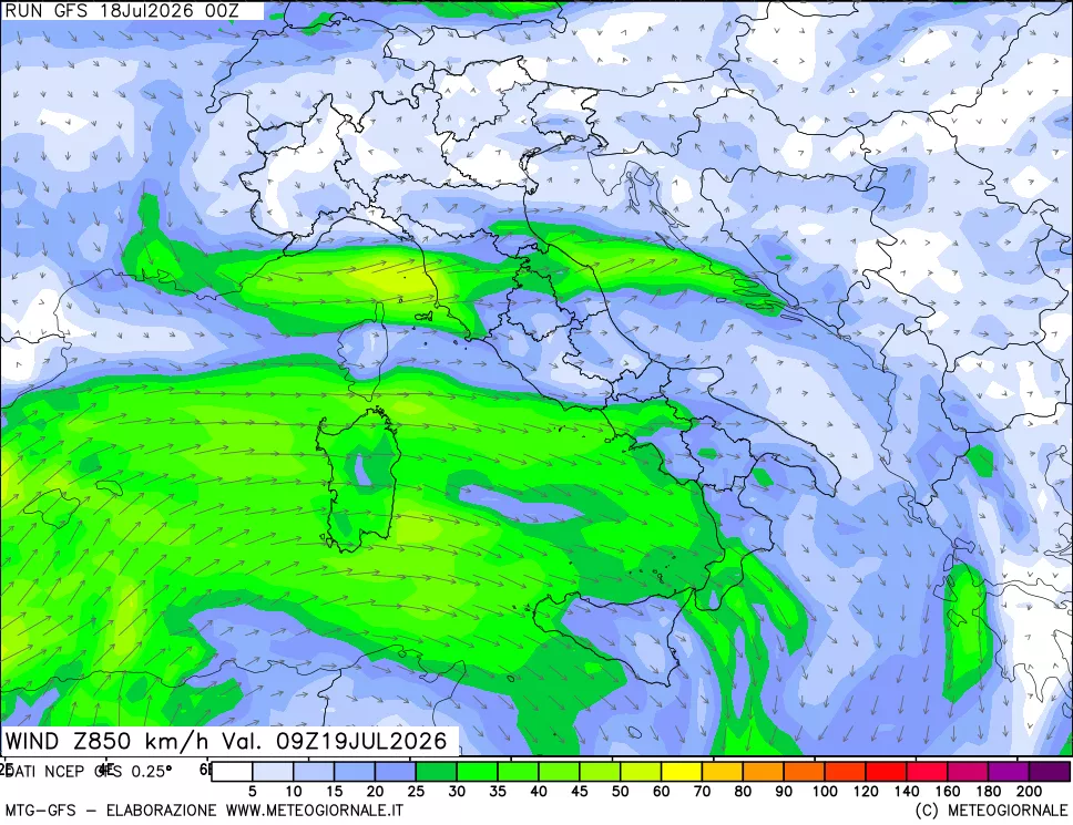 mappa 850 hPa Vento forza e direzione