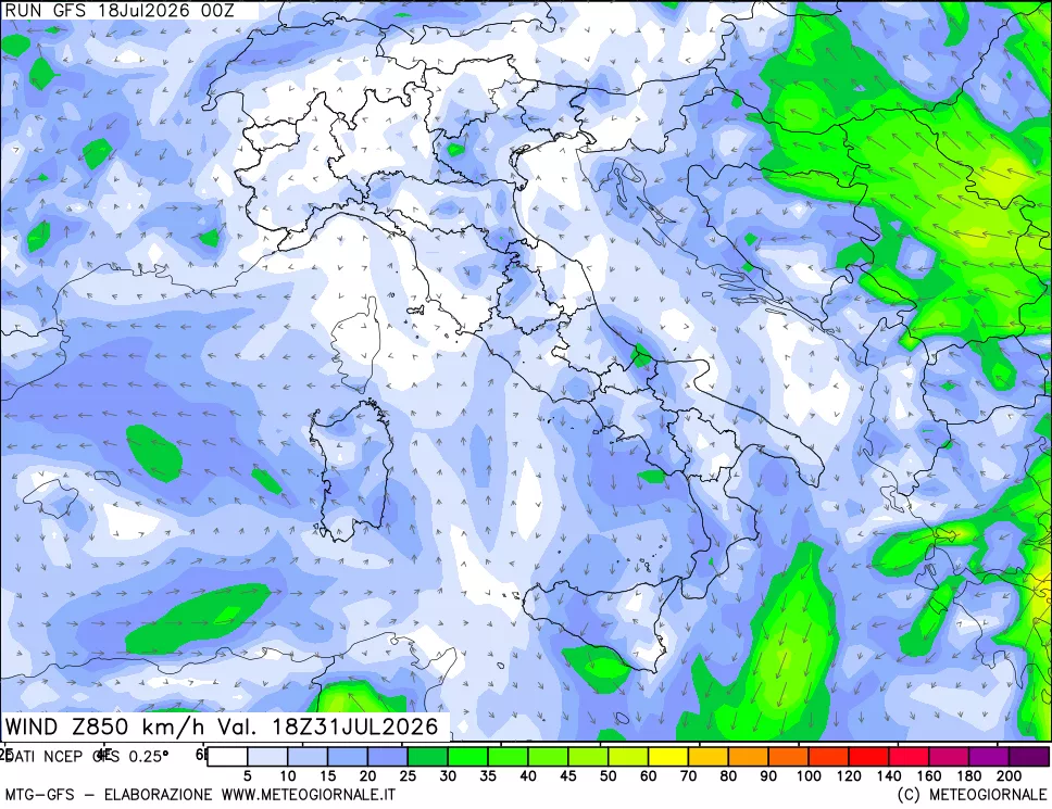 mappa 850 hPa Vento forza e direzione