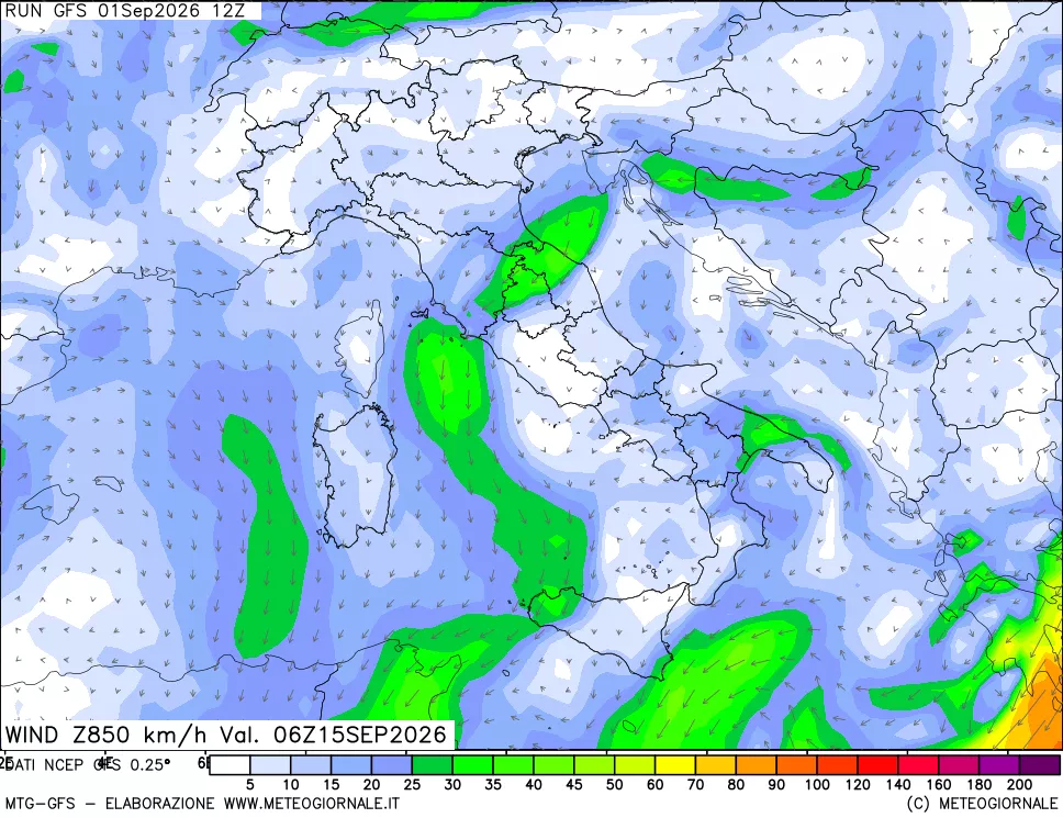 mappa 850 hPa Vento forza e direzione
