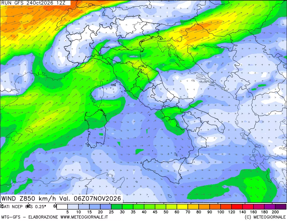 mappa 850 hPa Vento forza e direzione