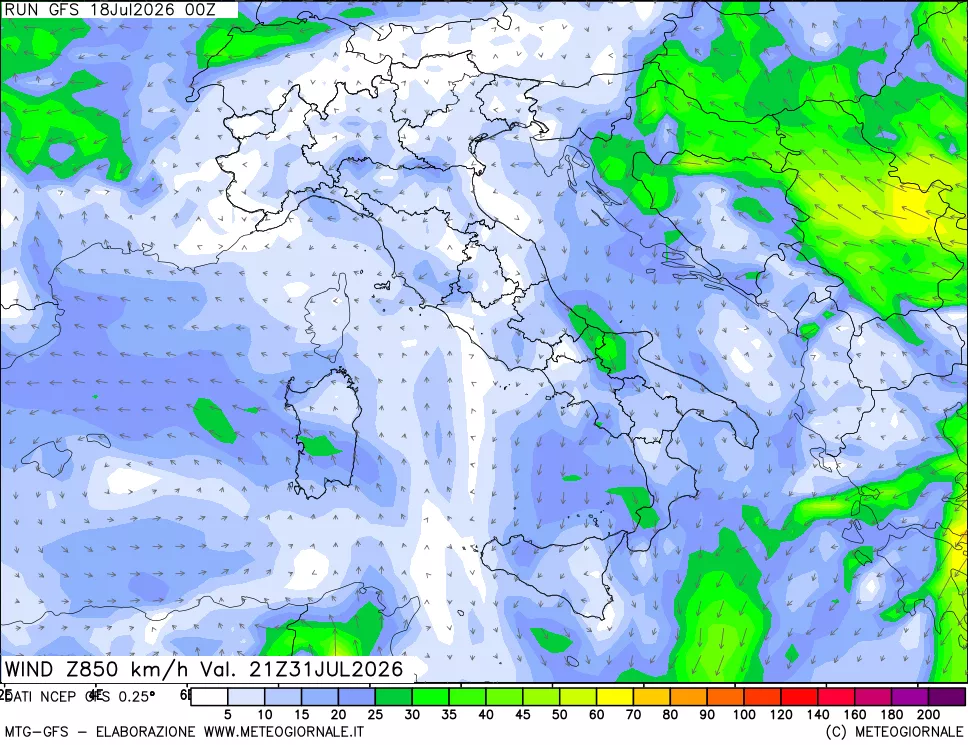 mappa 850 hPa Vento forza e direzione