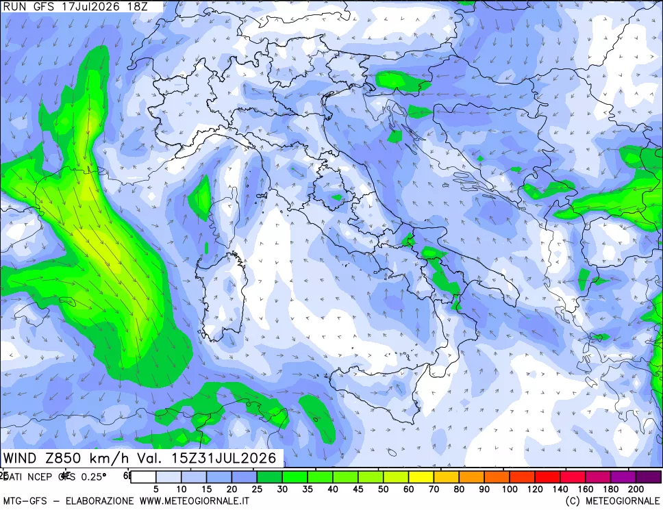 mappa 850 hPa Vento forza e direzione