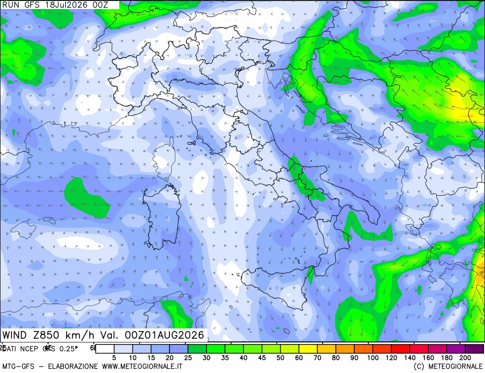 mappa 850 hPa Vento forza e direzione