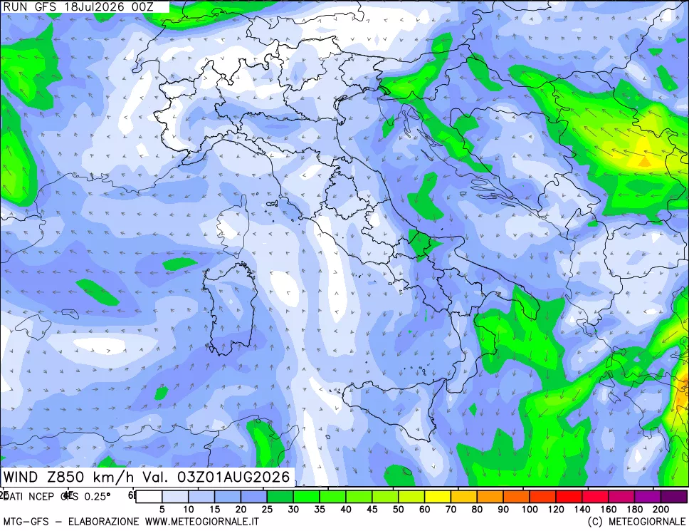 mappa 850 hPa Vento forza e direzione